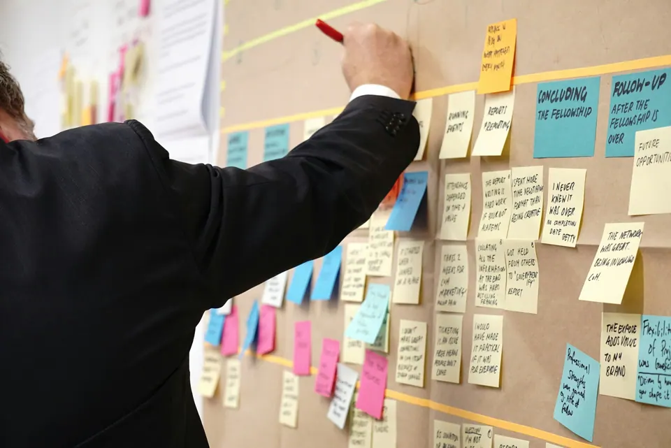 A planner arranging handwritten notes and milestones on a project-planning wall